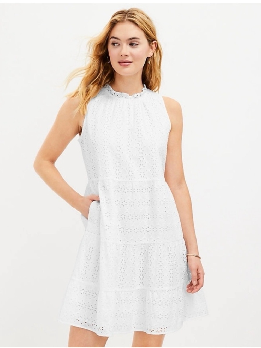 LOFT White Sleeveless Eyelet Tiered Sundress